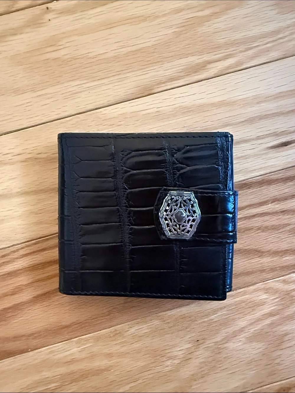 Brighton Black Croc-Embossed Leather Bi-Fold Wallet with Silver Accent